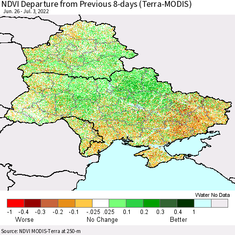 Ukraine, Moldova and Belarus NDVI Departure from Previous 8-days (Terra-MODIS) Thematic Map For 6/26/2022 - 7/3/2022