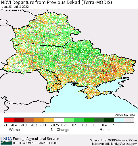 Ukraine, Moldova and Belarus NDVI Departure from Previous Dekad (Terra-MODIS) Thematic Map For 7/1/2022 - 7/10/2022