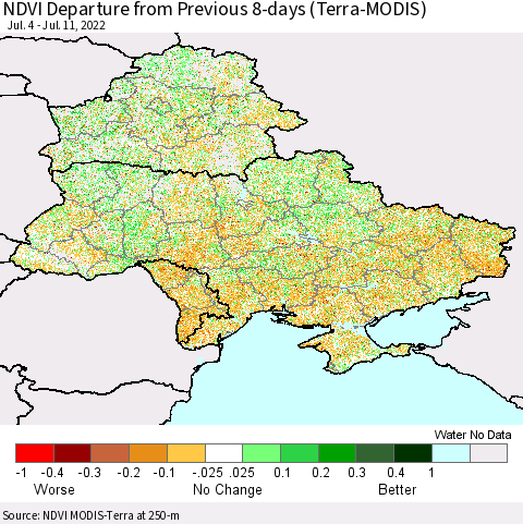 Ukraine, Moldova and Belarus NDVI Departure from Previous 8-days (Terra-MODIS) Thematic Map For 7/4/2022 - 7/11/2022