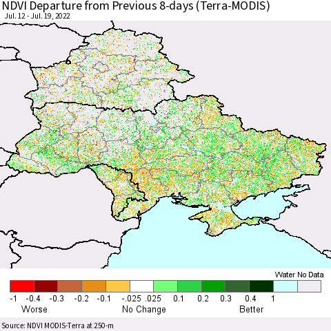 Ukraine, Moldova and Belarus NDVI Departure from Previous 8-days (Terra-MODIS) Thematic Map For 7/12/2022 - 7/19/2022