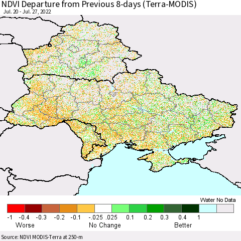 Ukraine, Moldova and Belarus NDVI Departure from Previous 8-days (Terra-MODIS) Thematic Map For 7/20/2022 - 7/27/2022