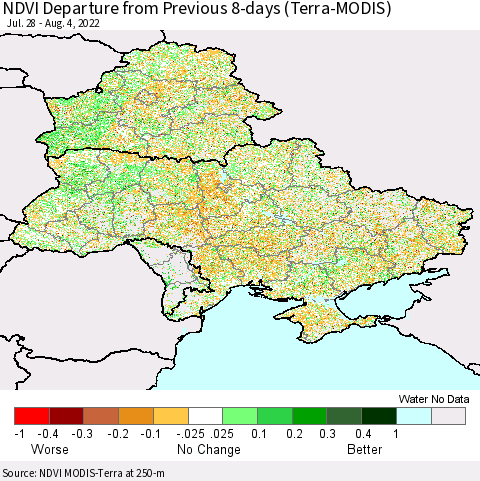 Ukraine, Moldova and Belarus NDVI Departure from Previous 8-days (Terra-MODIS) Thematic Map For 7/28/2022 - 8/4/2022
