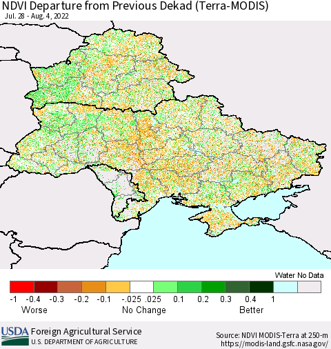 Ukraine, Moldova and Belarus NDVI Departure from Previous Dekad (Terra-MODIS) Thematic Map For 8/1/2022 - 8/10/2022