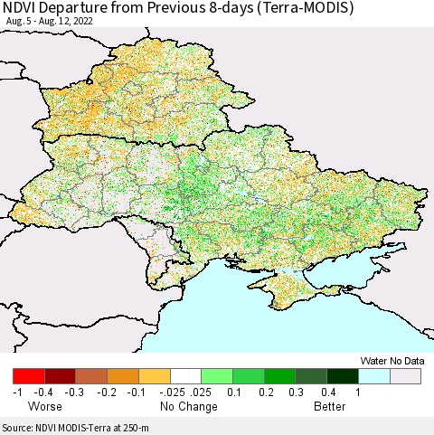 Ukraine, Moldova and Belarus NDVI Departure from Previous 8-days (Terra-MODIS) Thematic Map For 8/5/2022 - 8/12/2022