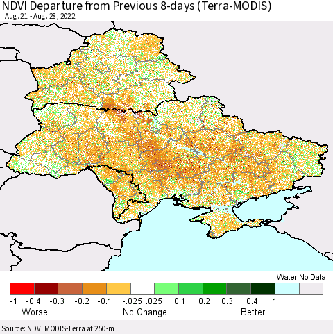 Ukraine, Moldova and Belarus NDVI Departure from Previous 8-days (Terra-MODIS) Thematic Map For 8/21/2022 - 8/28/2022