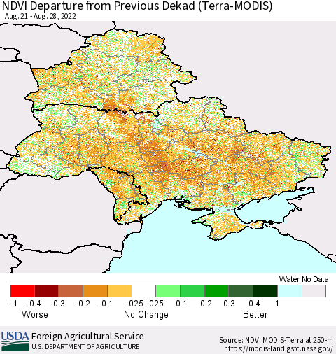 Ukraine, Moldova and Belarus NDVI Departure from Previous Dekad (Terra-MODIS) Thematic Map For 8/21/2022 - 8/31/2022