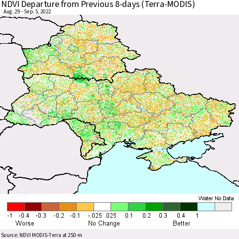 Ukraine, Moldova and Belarus NDVI Departure from Previous 8-days (Terra-MODIS) Thematic Map For 8/29/2022 - 9/5/2022