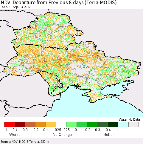 Ukraine, Moldova and Belarus NDVI Departure from Previous 8-days (Terra-MODIS) Thematic Map For 9/6/2022 - 9/13/2022