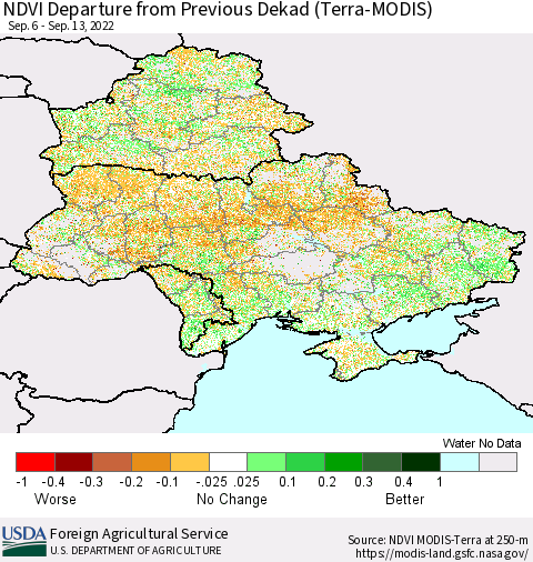 Ukraine, Moldova and Belarus NDVI Departure from Previous Dekad (Terra-MODIS) Thematic Map For 9/11/2022 - 9/20/2022