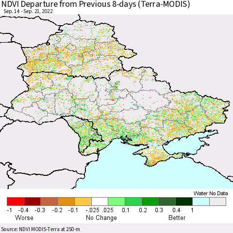 Ukraine, Moldova and Belarus NDVI Departure from Previous 8-days (Terra-MODIS) Thematic Map For 9/14/2022 - 9/21/2022