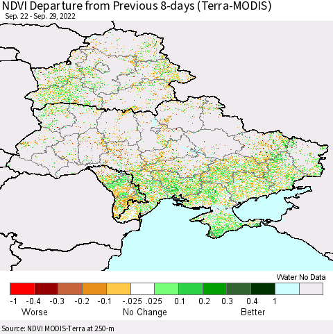 Ukraine, Moldova and Belarus NDVI Departure from Previous 8-days (Terra-MODIS) Thematic Map For 9/22/2022 - 9/29/2022