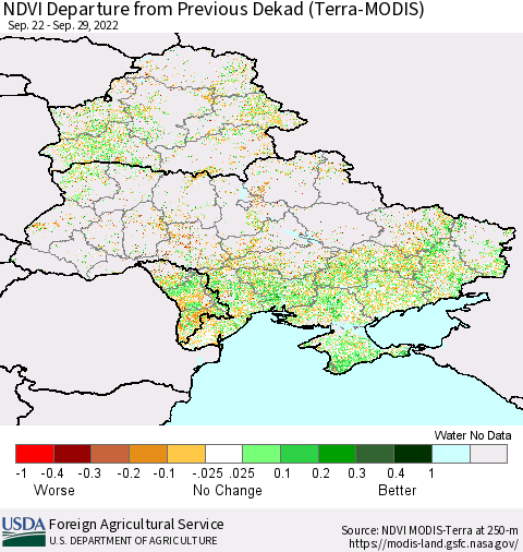 Ukraine, Moldova and Belarus NDVI Departure from Previous Dekad (Terra-MODIS) Thematic Map For 9/21/2022 - 9/30/2022