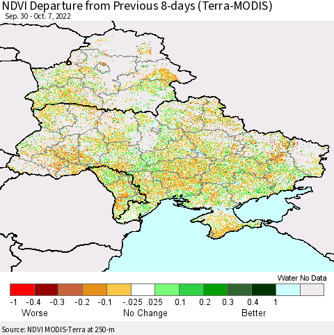 Ukraine, Moldova and Belarus NDVI Departure from Previous 8-days (Terra-MODIS) Thematic Map For 9/30/2022 - 10/7/2022