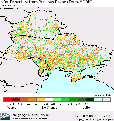 Ukraine, Moldova and Belarus NDVI Departure from Previous Dekad (Terra-MODIS) Thematic Map For 10/1/2022 - 10/10/2022