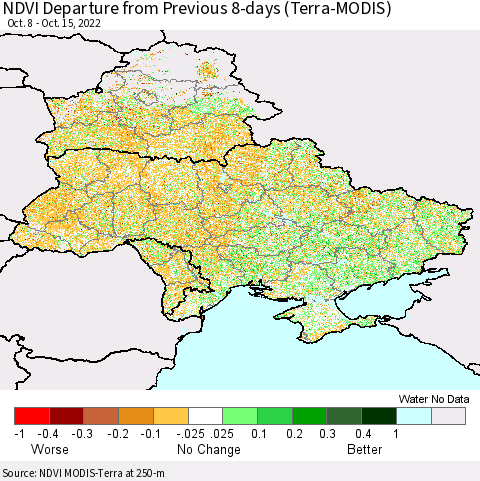 Ukraine, Moldova and Belarus NDVI Departure from Previous 8-days (Terra-MODIS) Thematic Map For 10/8/2022 - 10/15/2022