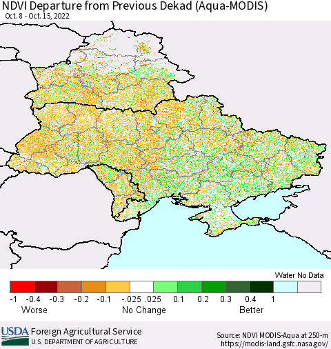 Ukraine, Moldova and Belarus NDVI Departure from Previous Dekad (Terra-MODIS) Thematic Map For 10/11/2022 - 10/20/2022