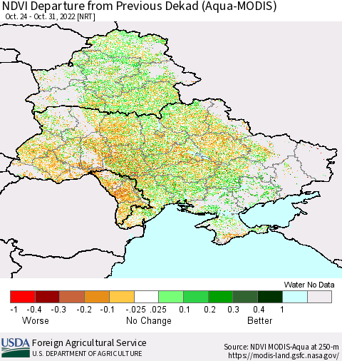 Ukraine, Moldova and Belarus NDVI Departure from Previous Dekad (Terra-MODIS) Thematic Map For 10/21/2022 - 10/31/2022