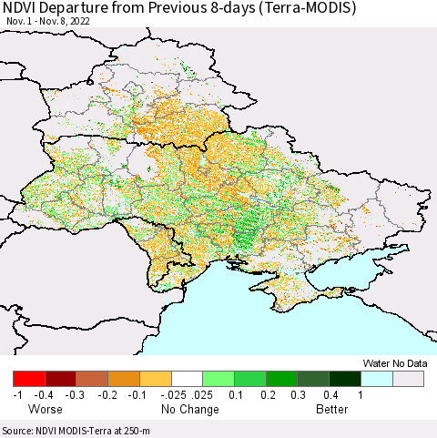 Ukraine, Moldova and Belarus NDVI Departure from Previous 8-days (Terra-MODIS) Thematic Map For 11/1/2022 - 11/8/2022
