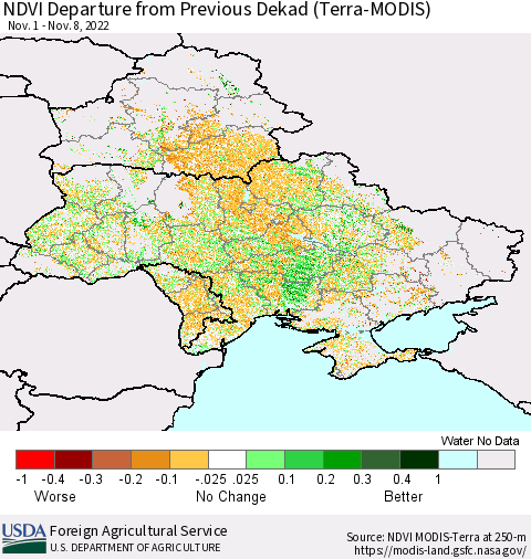 Ukraine, Moldova and Belarus NDVI Departure from Previous Dekad (Terra-MODIS) Thematic Map For 11/1/2022 - 11/10/2022