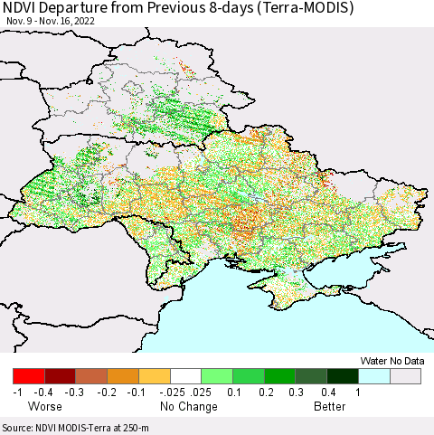 Ukraine, Moldova and Belarus NDVI Departure from Previous 8-days (Terra-MODIS) Thematic Map For 11/9/2022 - 11/16/2022