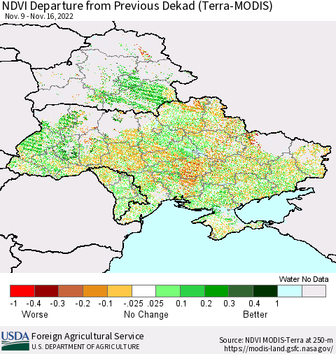 Ukraine, Moldova and Belarus NDVI Departure from Previous Dekad (Terra-MODIS) Thematic Map For 11/11/2022 - 11/20/2022