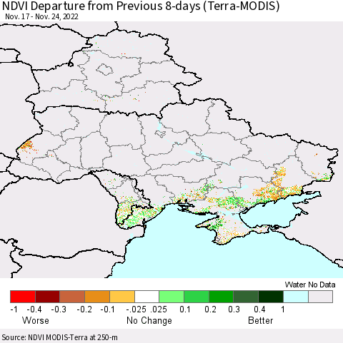 Ukraine, Moldova and Belarus NDVI Departure from Previous 8-days (Terra-MODIS) Thematic Map For 11/17/2022 - 11/24/2022
