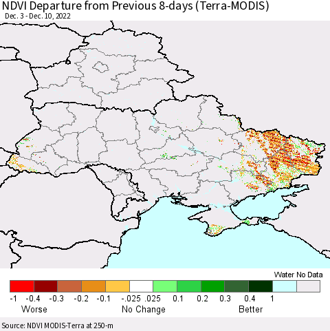 Ukraine, Moldova and Belarus NDVI Departure from Previous Dekad (Terra-MODIS) Thematic Map For 12/1/2022 - 12/10/2022