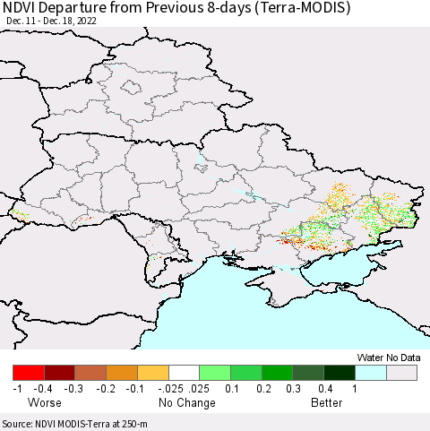 Ukraine, Moldova and Belarus NDVI Departure from Previous 8-days (Terra-MODIS) Thematic Map For 12/11/2022 - 12/18/2022
