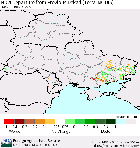 Ukraine, Moldova and Belarus NDVI Departure from Previous Dekad (Terra-MODIS) Thematic Map For 12/11/2022 - 12/20/2022