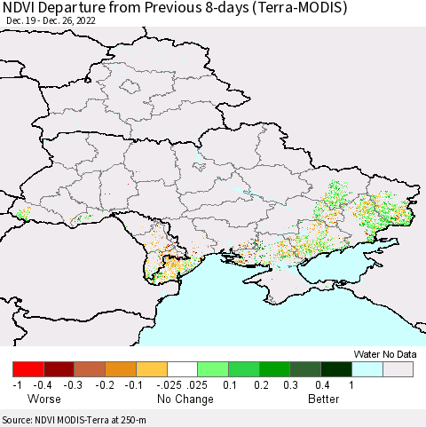 Ukraine, Moldova and Belarus NDVI Departure from Previous 8-days (Terra-MODIS) Thematic Map For 12/19/2022 - 12/26/2022