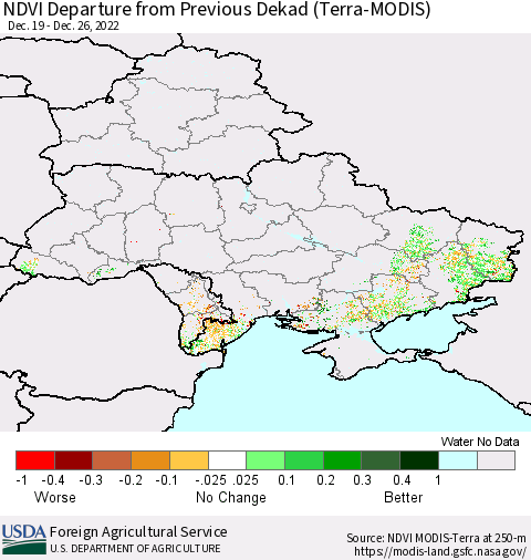 Ukraine, Moldova and Belarus NDVI Departure from Previous Dekad (Terra-MODIS) Thematic Map For 12/21/2022 - 12/31/2022