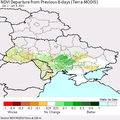 Ukraine, Moldova and Belarus NDVI Departure from Previous 8-days (Terra-MODIS) Thematic Map For 1/1/2023 - 1/8/2023