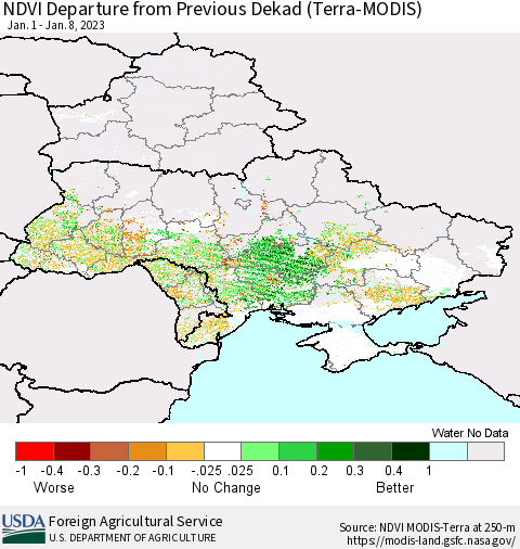 Ukraine, Moldova and Belarus NDVI Departure from Previous Dekad (Terra-MODIS) Thematic Map For 1/1/2023 - 1/10/2023