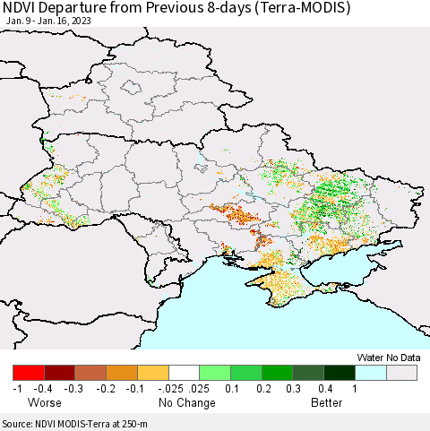 Ukraine, Moldova and Belarus NDVI Departure from Previous 8-days (Terra-MODIS) Thematic Map For 1/9/2023 - 1/16/2023