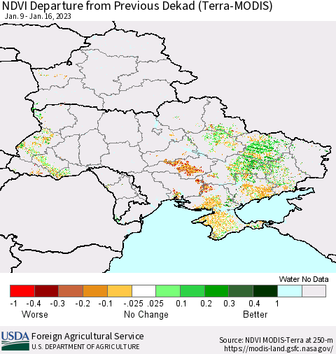 Ukraine, Moldova and Belarus NDVI Departure from Previous Dekad (Terra-MODIS) Thematic Map For 1/11/2023 - 1/20/2023