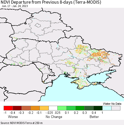 Ukraine, Moldova and Belarus NDVI Departure from Previous 8-days (Terra-MODIS) Thematic Map For 1/17/2023 - 1/24/2023