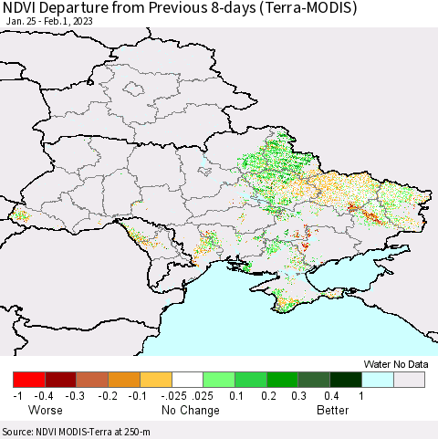 Ukraine, Moldova and Belarus NDVI Departure from Previous 8-days (Terra-MODIS) Thematic Map For 1/25/2023 - 2/1/2023