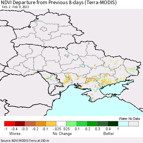 Ukraine, Moldova and Belarus NDVI Departure from Previous 8-days (Terra-MODIS) Thematic Map For 2/2/2023 - 2/9/2023