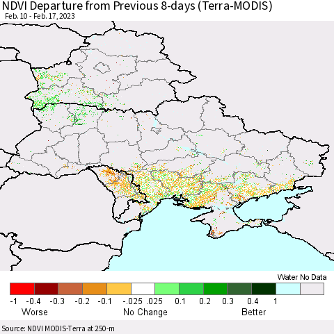 Ukraine, Moldova and Belarus NDVI Departure from Previous 8-days (Terra-MODIS) Thematic Map For 2/10/2023 - 2/17/2023