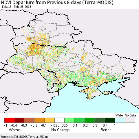 Ukraine, Moldova and Belarus NDVI Departure from Previous 8-days (Terra-MODIS) Thematic Map For 2/18/2023 - 2/25/2023