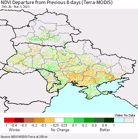 Ukraine, Moldova and Belarus NDVI Departure from Previous 8-days (Terra-MODIS) Thematic Map For 2/26/2023 - 3/5/2023