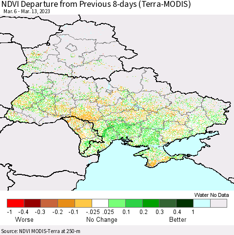 Ukraine, Moldova and Belarus NDVI Departure from Previous 8-days (Terra-MODIS) Thematic Map For 3/6/2023 - 3/13/2023