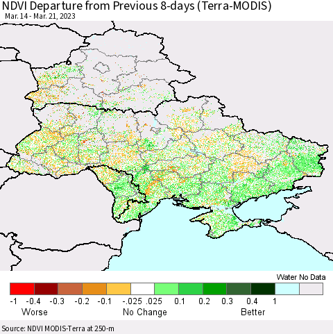 Ukraine, Moldova and Belarus NDVI Departure from Previous 8-days (Terra-MODIS) Thematic Map For 3/14/2023 - 3/21/2023