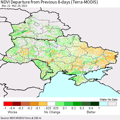 Ukraine, Moldova and Belarus NDVI Departure from Previous 8-days (Terra-MODIS) Thematic Map For 3/22/2023 - 3/29/2023