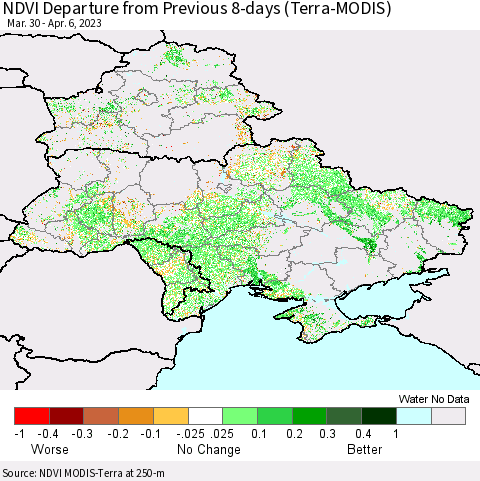 Ukraine, Moldova and Belarus NDVI Departure from Previous 8-days (Terra-MODIS) Thematic Map For 3/30/2023 - 4/6/2023