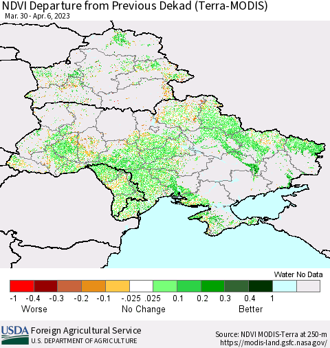 Ukraine, Moldova and Belarus NDVI Departure from Previous Dekad (Terra-MODIS) Thematic Map For 4/1/2023 - 4/10/2023