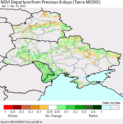 Ukraine, Moldova and Belarus NDVI Departure from Previous 8-days (Terra-MODIS) Thematic Map For 4/7/2023 - 4/14/2023