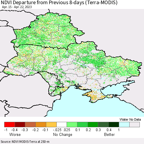 Ukraine, Moldova and Belarus NDVI Departure from Previous 8-days (Terra-MODIS) Thematic Map For 4/15/2023 - 4/22/2023