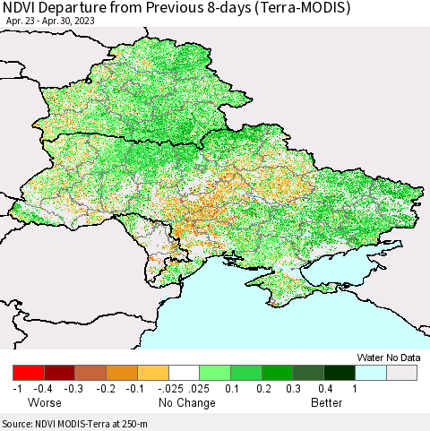 Ukraine, Moldova and Belarus NDVI Departure from Previous Dekad (Terra-MODIS) Thematic Map For 4/21/2023 - 4/30/2023