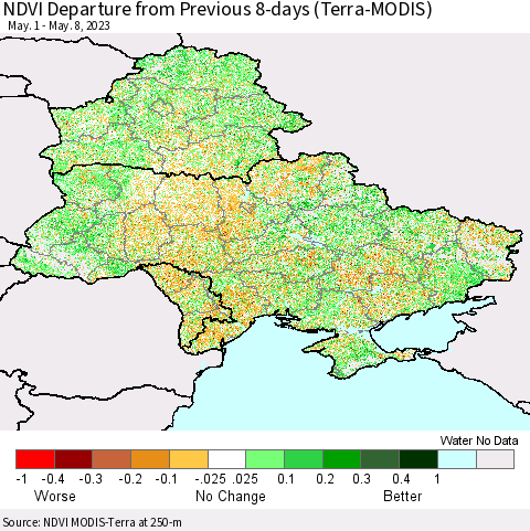 Ukraine, Moldova and Belarus NDVI Departure from Previous 8-days (Terra-MODIS) Thematic Map For 5/1/2023 - 5/8/2023